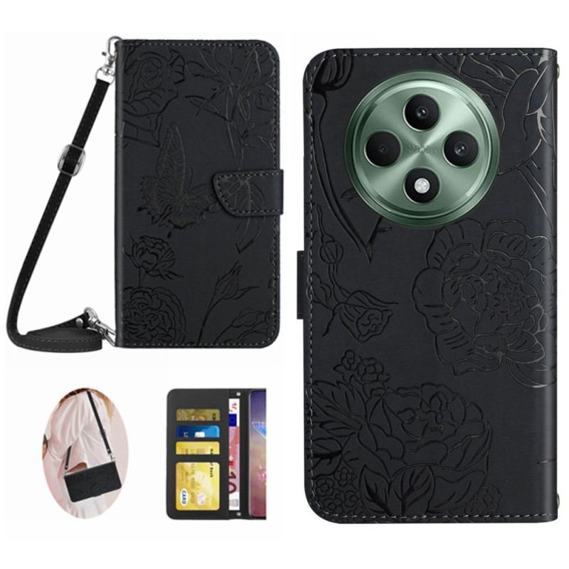 Etui Folio Oppo Reno 12f 5g Nadruk W Kształcie Motyla Z Paskiem Na Ramię