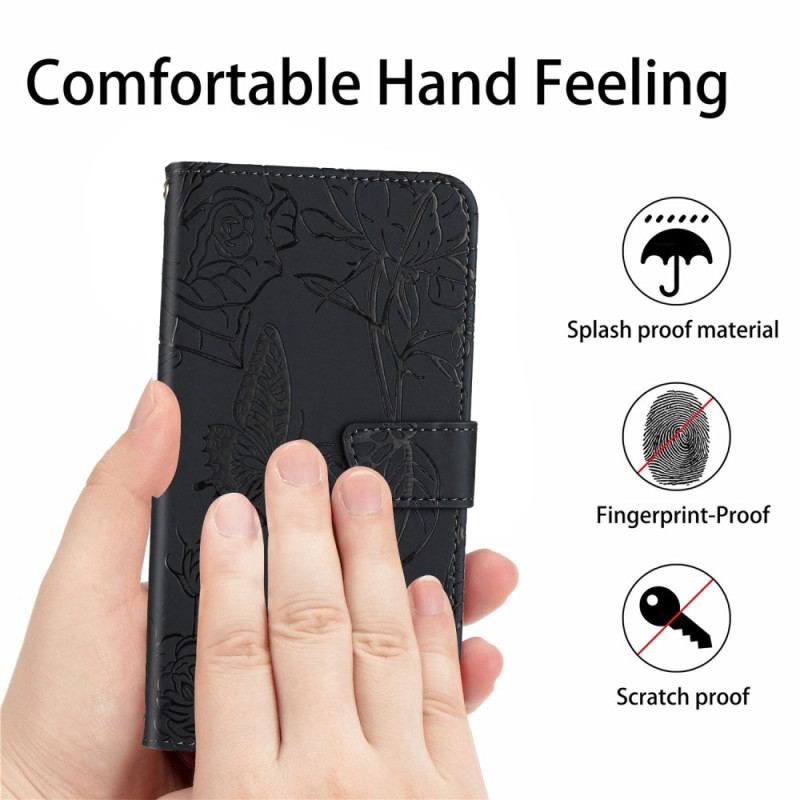Etui Folio Oppo Reno 12f 5g Nadruk W Kształcie Motyla Z Paskiem Na Ramię