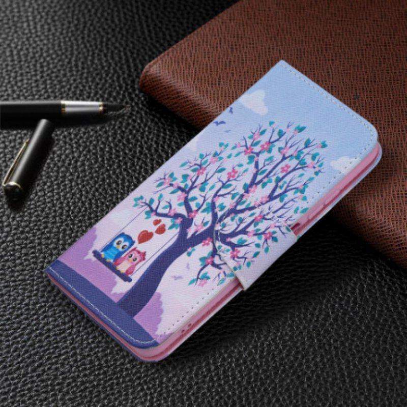 Skórzany Futerał do Xiaomi Redmi Note 10 / 10S Sowy Na Huśtawce