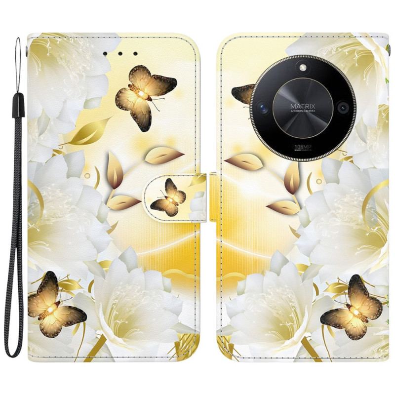 Obudowa Honor X9b / Magic 6 Lite Etui Na Telefon Złote Motyle I Białe Kwiaty Z Paskiem