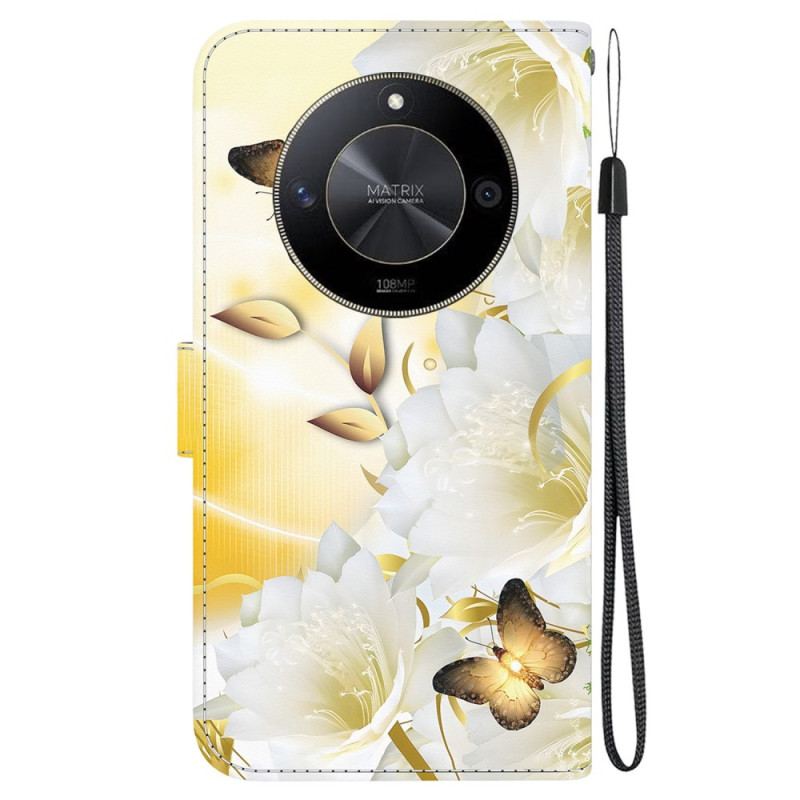 Obudowa Honor X9b / Magic 6 Lite Etui Na Telefon Złote Motyle I Białe Kwiaty Z Paskiem