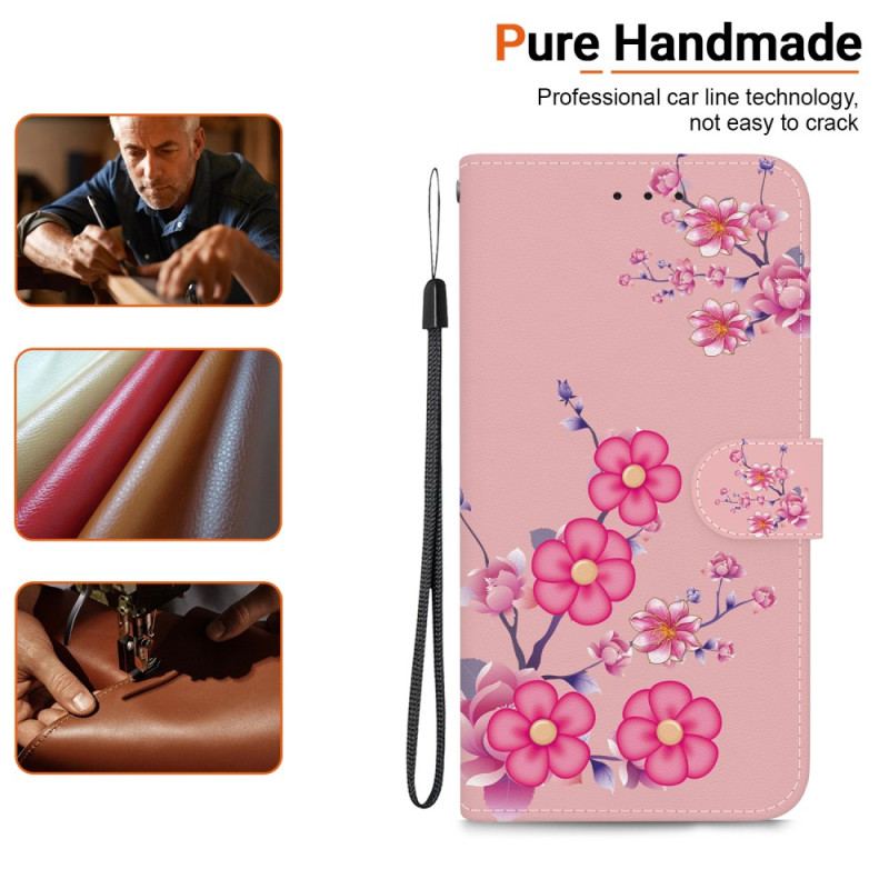 Skórzany Futerał Honor X9b / Magic 6 Lite Etui Na Telefon Wzór Sakura Z Paskiem