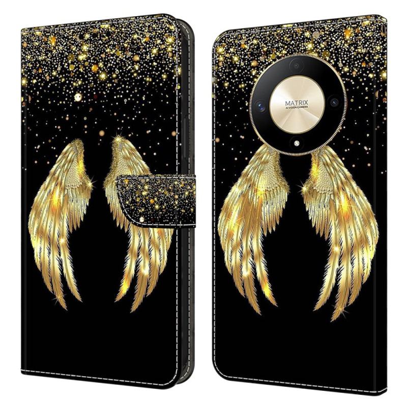 Skórzany Futerał Honor X9b / Magic 6 Lite Etui Na Telefon Złote Skrzydła