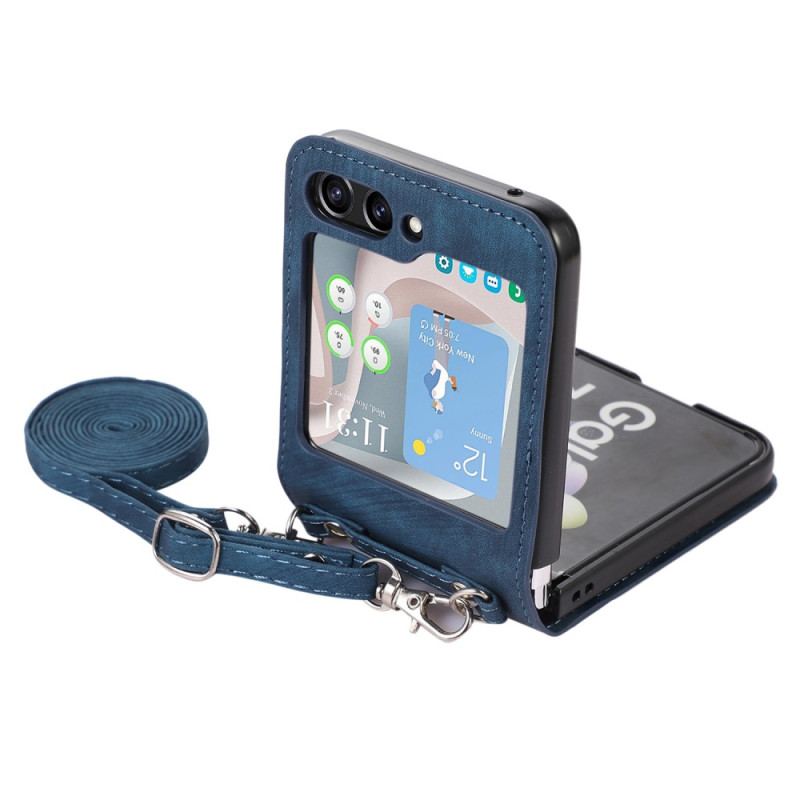 Etui Samsung Galaxy Z Flip 5 Skórzane Etui Na Karty I Pasek Na Ramię