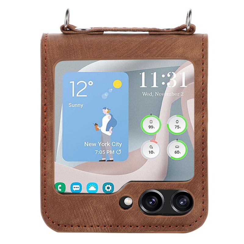 Etui Samsung Galaxy Z Flip 5 Skórzane Etui Na Karty I Pasek Na Ramię