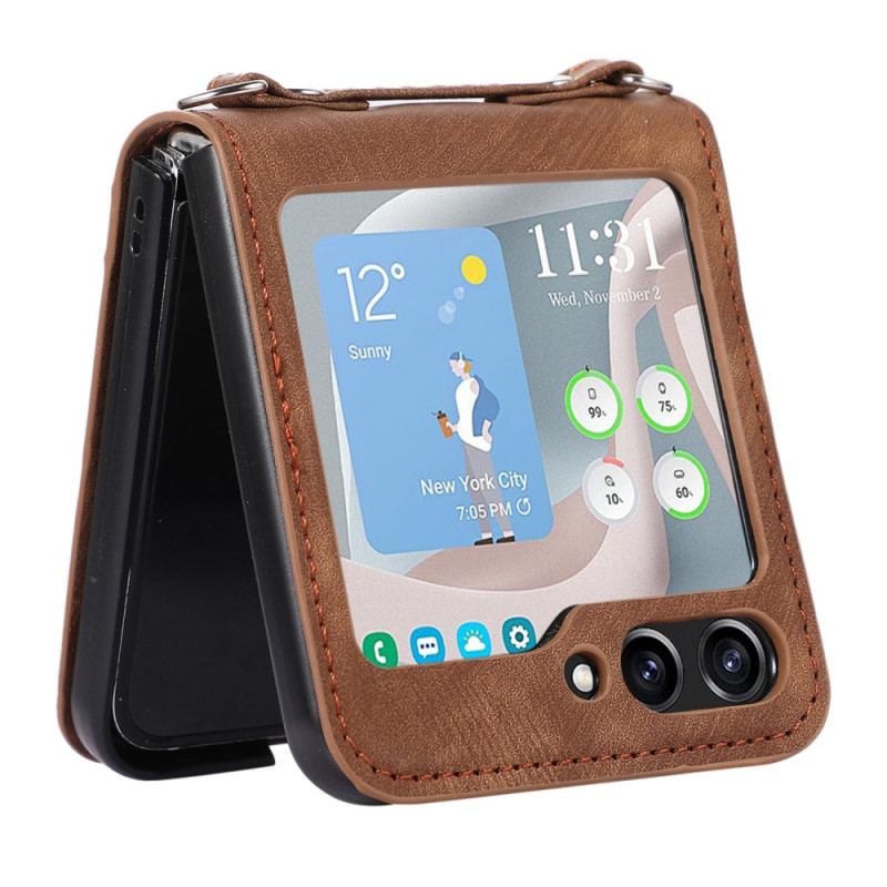 Etui Samsung Galaxy Z Flip 5 Skórzane Etui Na Karty I Pasek Na Ramię