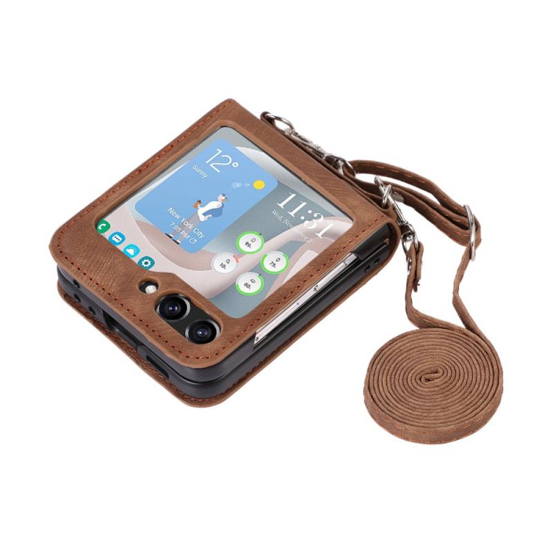 Etui Samsung Galaxy Z Flip 5 Skórzane Etui Na Karty I Pasek Na Ramię
