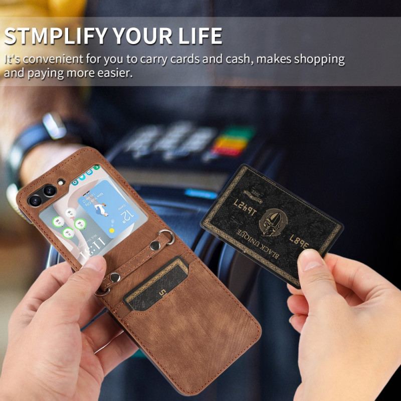 Etui Samsung Galaxy Z Flip 5 Skórzane Etui Na Karty I Pasek Na Ramię
