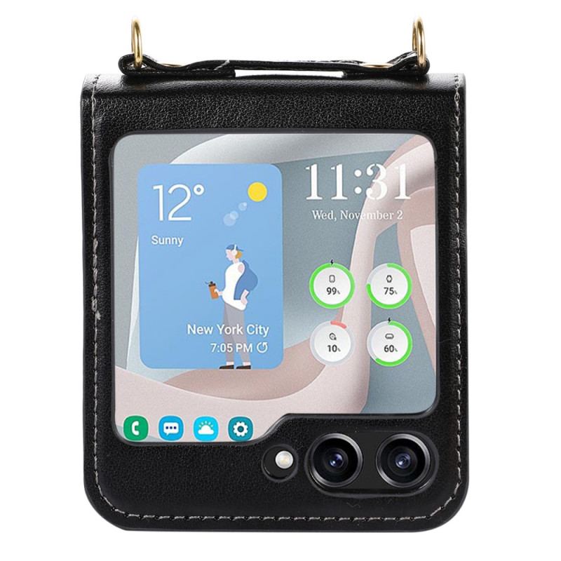 Futerały Samsung Galaxy Z Flip 5 Etui Na Telefon Skórzane Etui Na Karty I Pasek Na Ramię