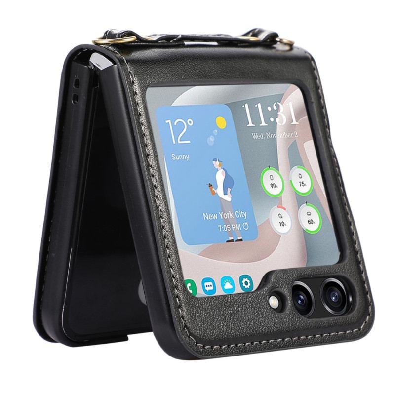 Futerały Samsung Galaxy Z Flip 5 Etui Na Telefon Skórzane Etui Na Karty I Pasek Na Ramię