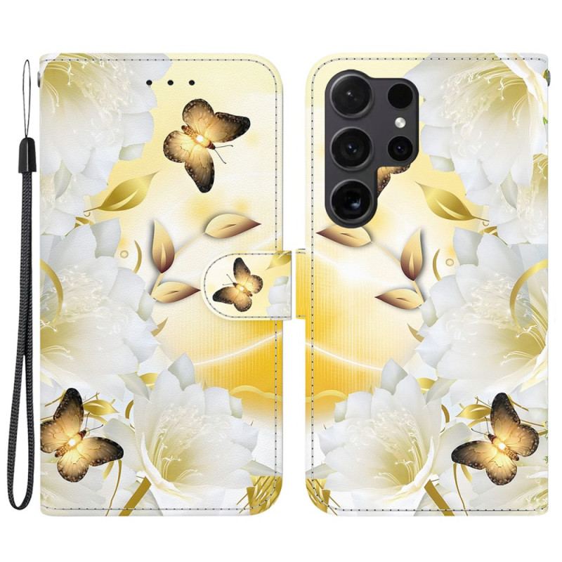 Etui Folio Do Samsung Galaxy S24 Ultra 5g Złote Motyle I Białe Kwiaty Z Paskiem