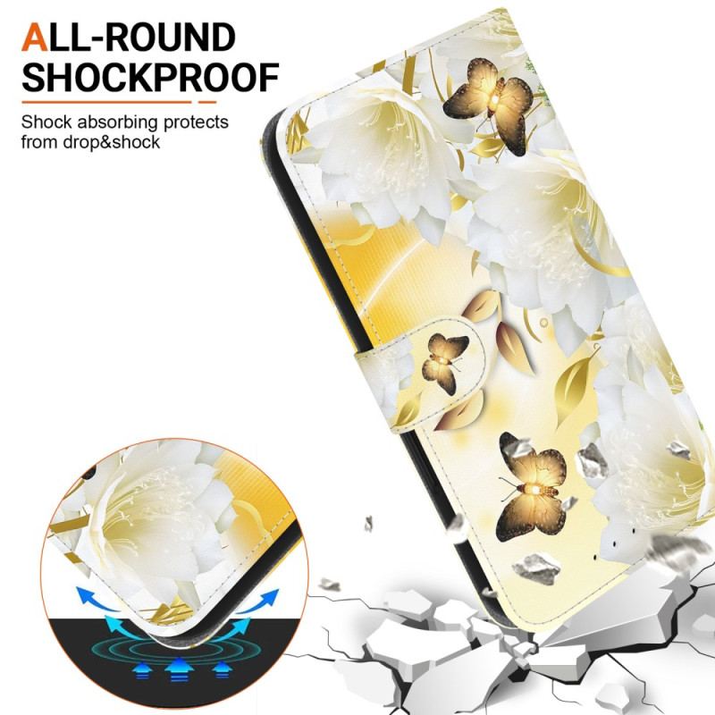 Etui Folio Do Samsung Galaxy S24 Ultra 5g Złote Motyle I Białe Kwiaty Z Paskiem