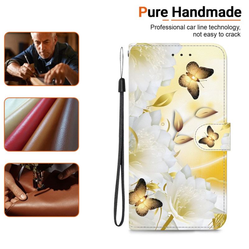 Etui Folio Do Samsung Galaxy S24 Ultra 5g Złote Motyle I Białe Kwiaty Z Paskiem