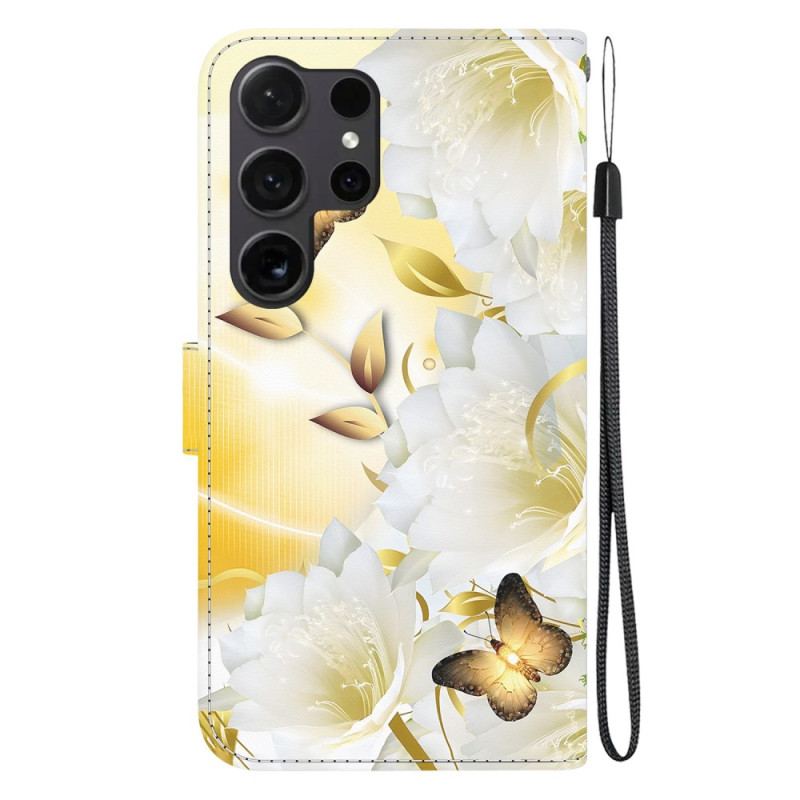 Etui Folio Do Samsung Galaxy S24 Ultra 5g Złote Motyle I Białe Kwiaty Z Paskiem