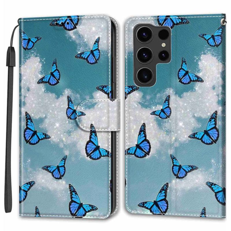 Etui Folio Samsung Galaxy S24 Ultra 5g Białe Chmury I Niebieskie Motyle Z Paskiem
