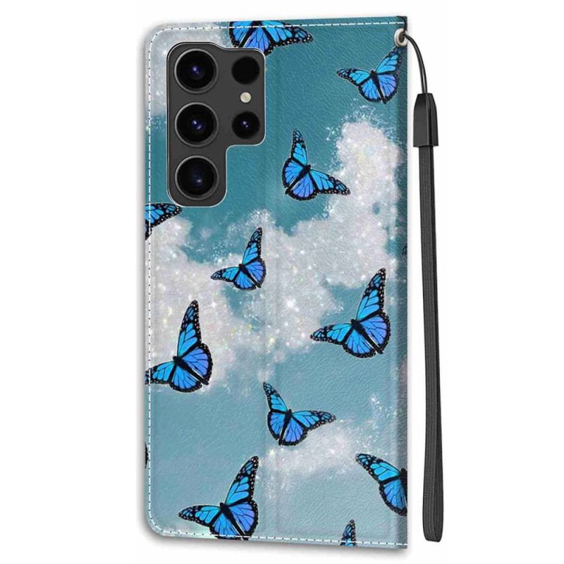 Etui Folio Samsung Galaxy S24 Ultra 5g Białe Chmury I Niebieskie Motyle Z Paskiem