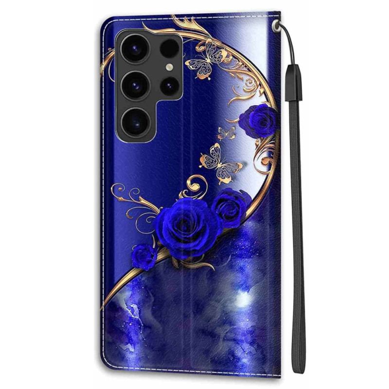 Etui Folio Samsung Galaxy S24 Ultra 5g Niebieska Róża I Złote Motyle Z Paskiem