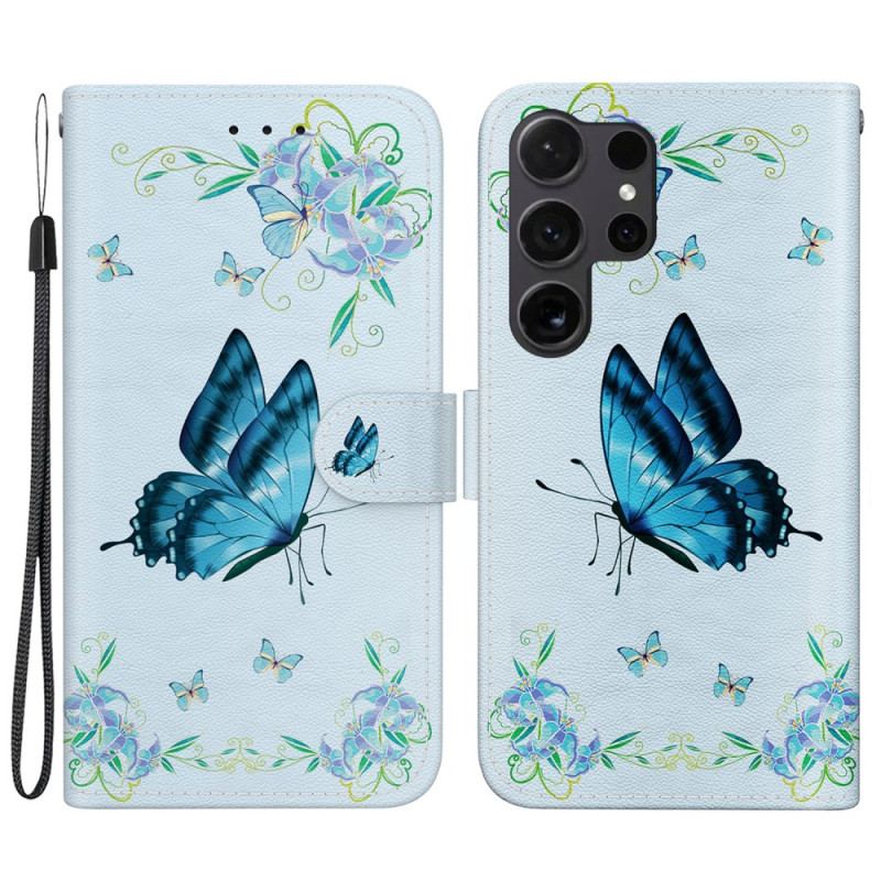 Etui Folio Samsung Galaxy S24 Ultra 5g Niebieski Motyl I Kwiat Z Paskiem Etui Ochronne