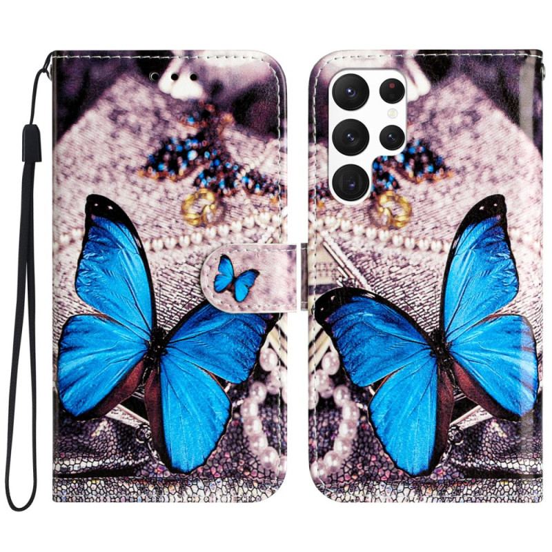 Etui Folio Samsung Galaxy S24 Ultra 5g Niebieski Motyl Z Paskiem Etui Ochronne