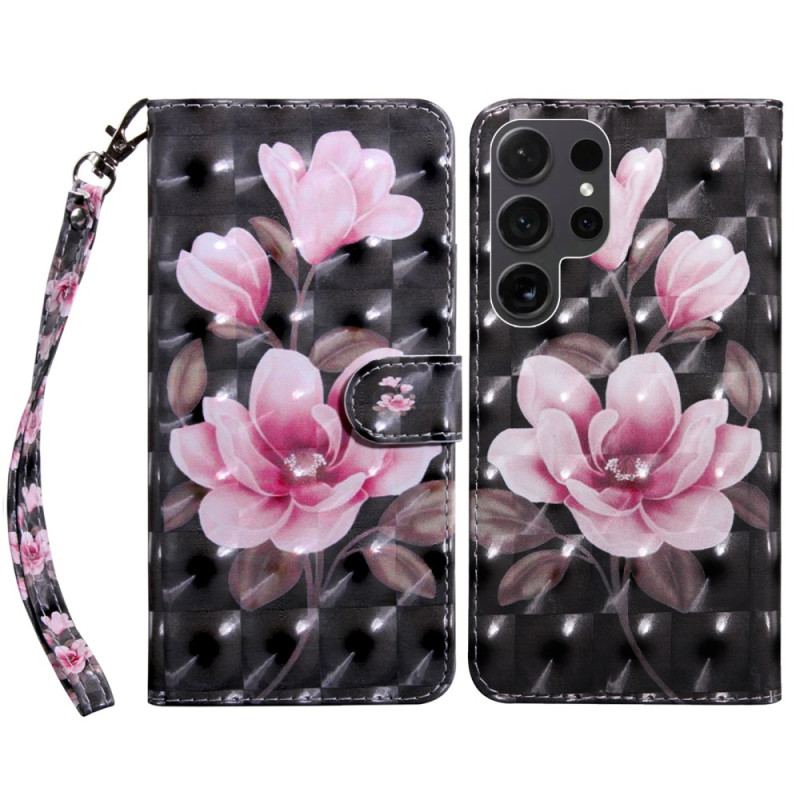 Etui Folio Samsung Galaxy S24 Ultra 5g Różowe Kwiaty Na CZarnym Tle Z Paskiem Etui Ochronne