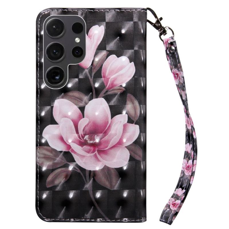 Etui Folio Samsung Galaxy S24 Ultra 5g Różowe Kwiaty Na CZarnym Tle Z Paskiem Etui Ochronne
