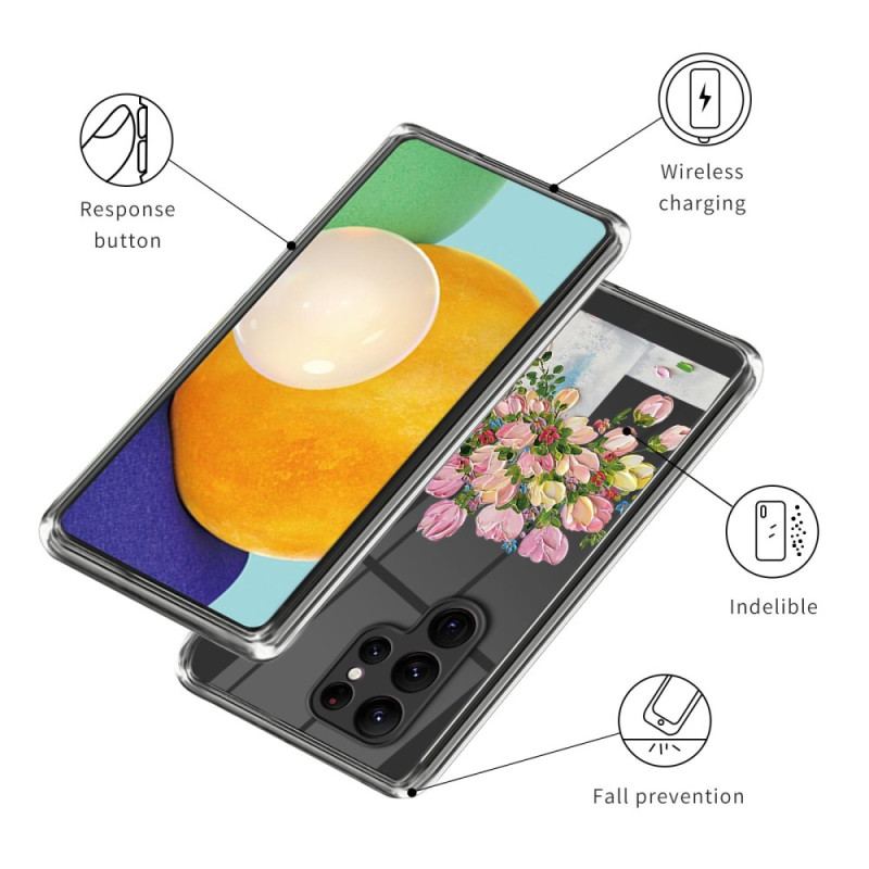 Etui Samsung Galaxy S24 Ultra 5g Malowanie Różowych Kwiatów Etui Ochronne