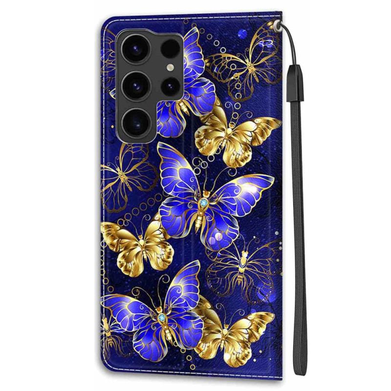 Pokrowce Samsung Galaxy S24 Ultra 5g Złote I Fioletowe Motyle Z Paskiem