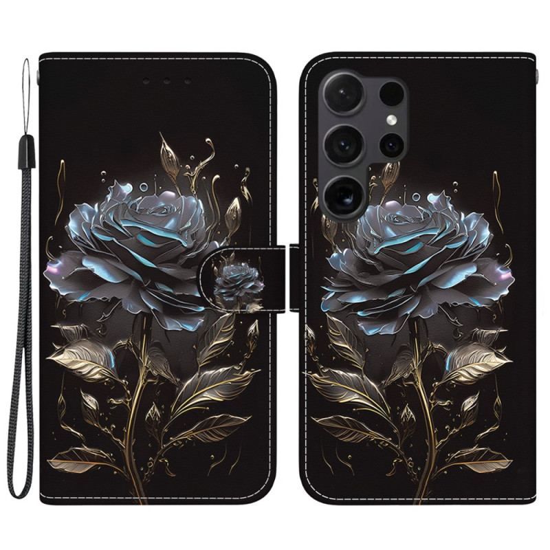 Skórzany Futerał Samsung Galaxy S24 Ultra 5g Etui Na Telefon CZarna Róża Z Paskiem