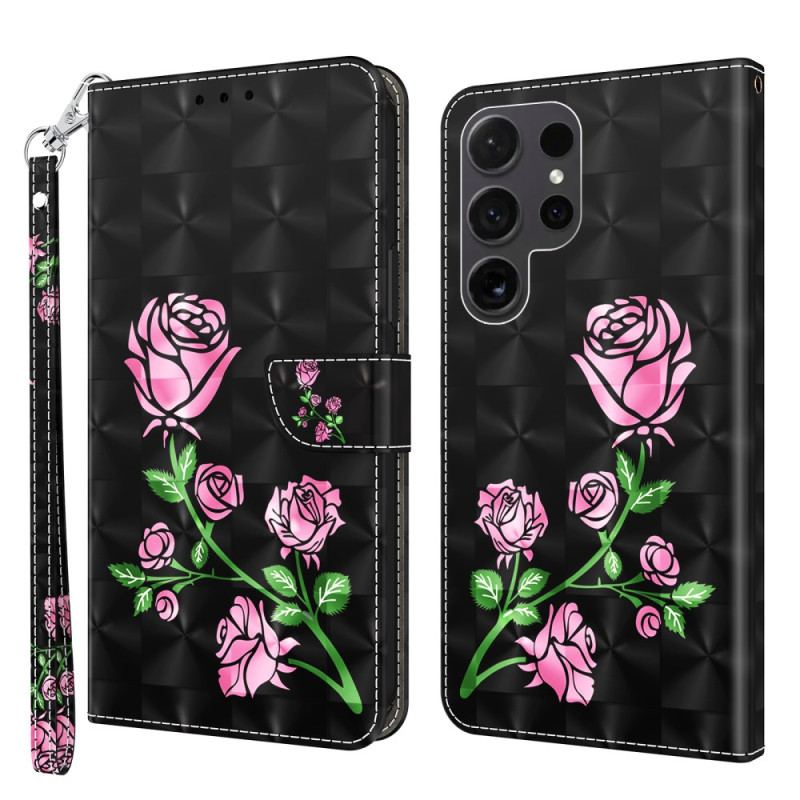 Skórzany Futerał Samsung Galaxy S24 Ultra 5g Etui Na Telefon Kwiaty Róży Z Paskiem