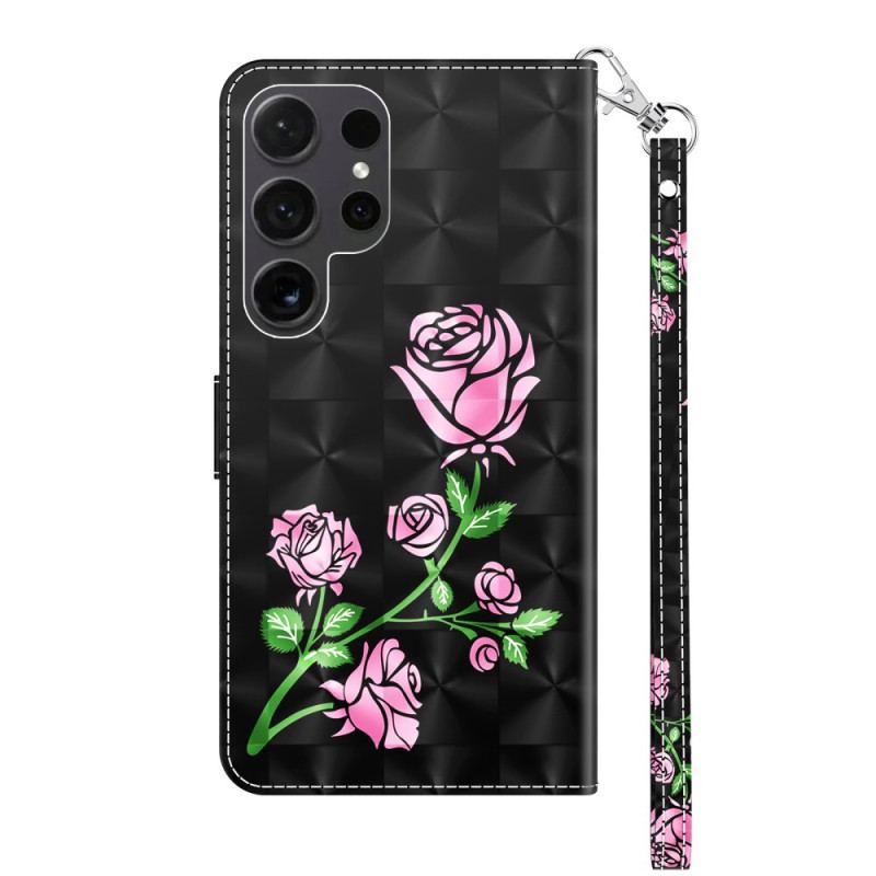 Skórzany Futerał Samsung Galaxy S24 Ultra 5g Etui Na Telefon Kwiaty Róży Z Paskiem