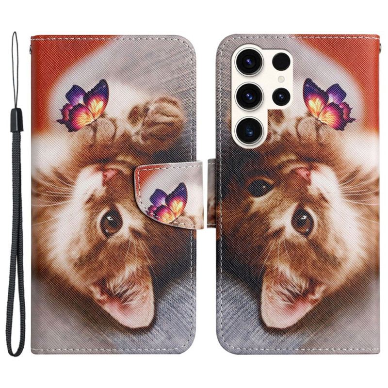 Skórzany Futerał Samsung Galaxy S24 Ultra 5g Etui Na Telefon Motyl I Kot Z Paskiem
