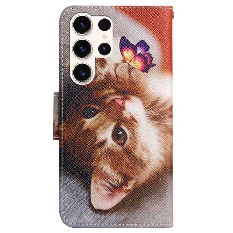 Skórzany Futerał Samsung Galaxy S24 Ultra 5g Etui Na Telefon Motyl I Kot Z Paskiem