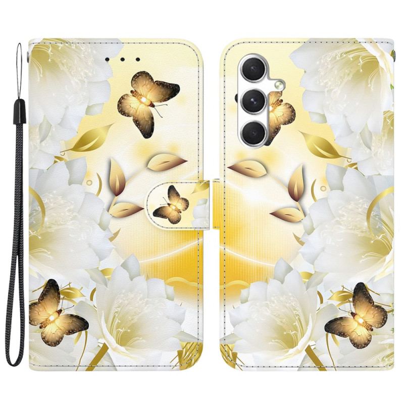 Etui Folio Do Samsung Galaxy S24 Plus 5g Złote Motyle I Kwiaty Z Paskiem