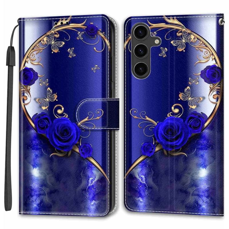 Etui Folio Samsung Galaxy S24 Plus 5g Niebieska Róża I Złote Motyle Z Paskiem Etui Ochronne