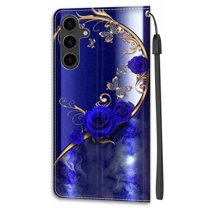 Etui Folio Samsung Galaxy S24 Plus 5g Niebieska Róża I Złote Motyle Z Paskiem Etui Ochronne