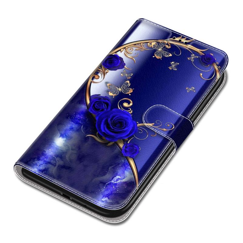 Etui Folio Samsung Galaxy S24 Plus 5g Niebieska Róża I Złote Motyle Z Paskiem Etui Ochronne