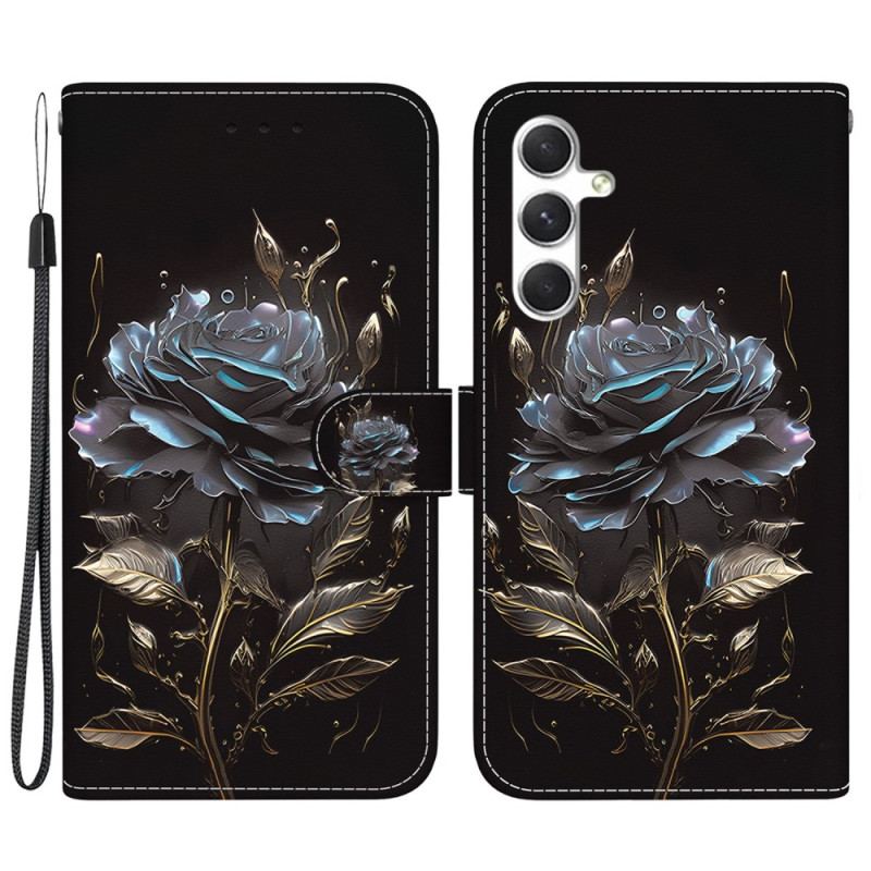 Skórzany Futerał Samsung Galaxy S24 Plus 5g Etui Na Telefon CZarna Róża Z Paskiem