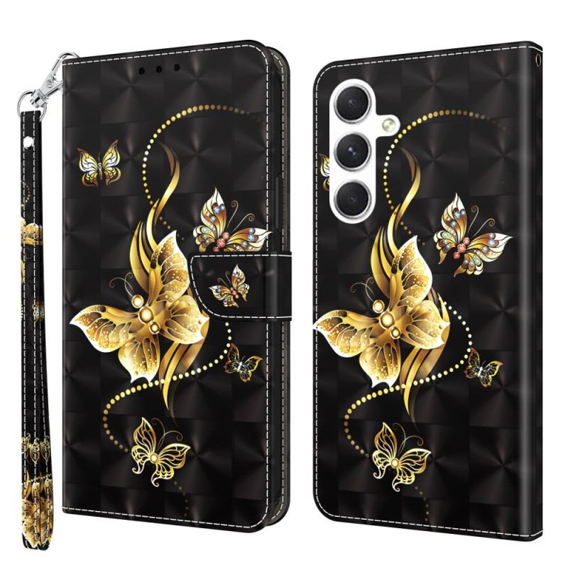 Skórzany Futerał Samsung Galaxy S24 Plus 5g Etui Na Telefon Złote Motyle Z Paskiem
