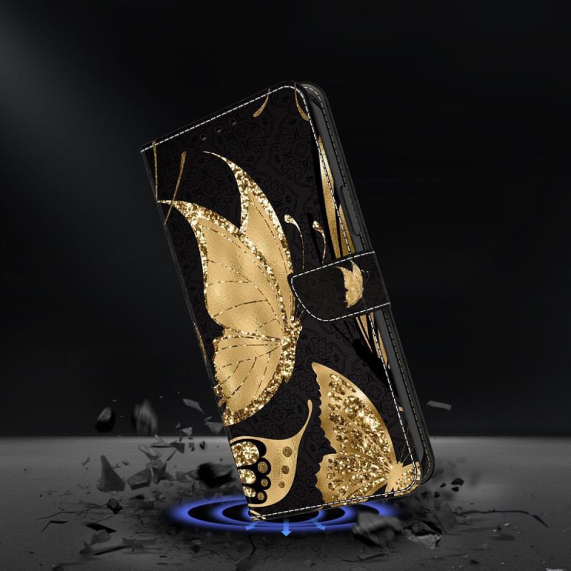 Skórzany Futerał Samsung Galaxy S24 Plus 5g Etui Na Telefon Złoty Motyl