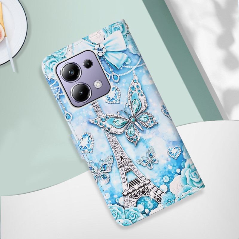 Etui Folio Xiaomi Redmi Note 13 Pro 4g Wieża Eiffla I Motyle Z Paskiem Etui Ochronne