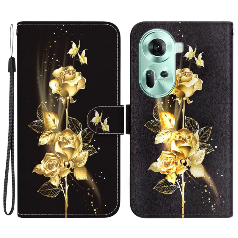 Etui Folio Do Oppo Reno 11 5g Złote I Różowe Motyle Z Paskiem