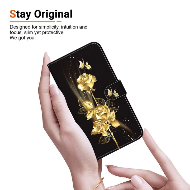 Etui Folio Do Oppo Reno 11 5g Złote I Różowe Motyle Z Paskiem