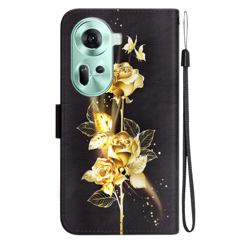 Etui Folio Do Oppo Reno 11 5g Złote I Różowe Motyle Z Paskiem