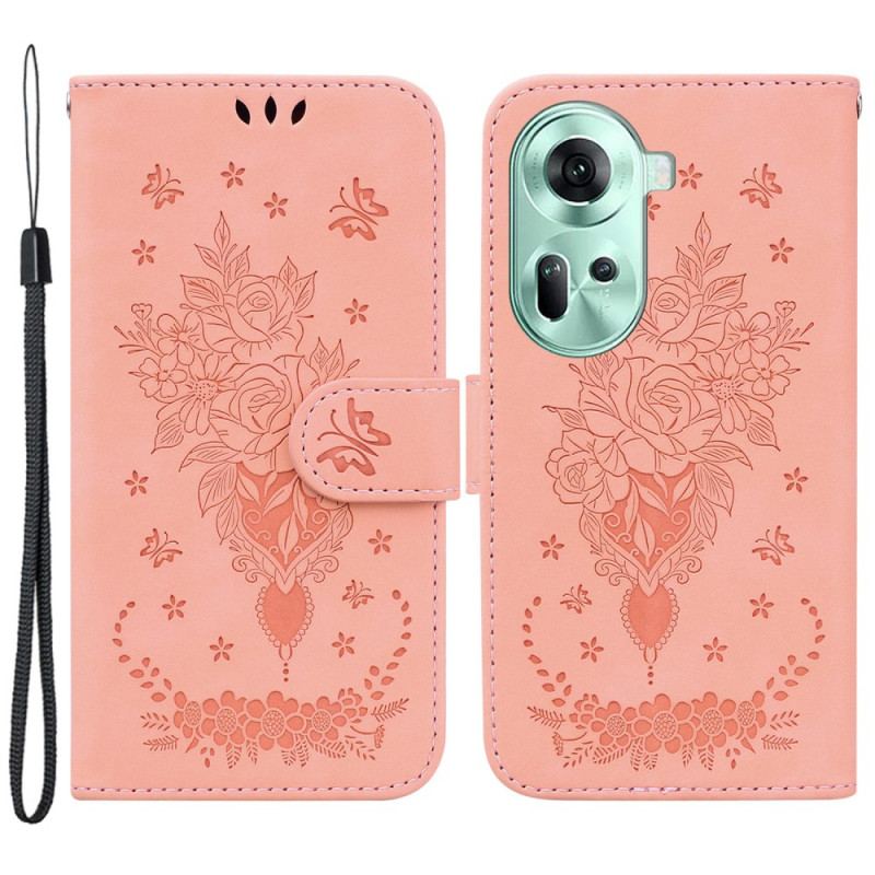 Etui Folio Oppo Reno 11 5g Wzór Kwiatowy Z Efektem Zamszu I Paskiem Etui Ochronne