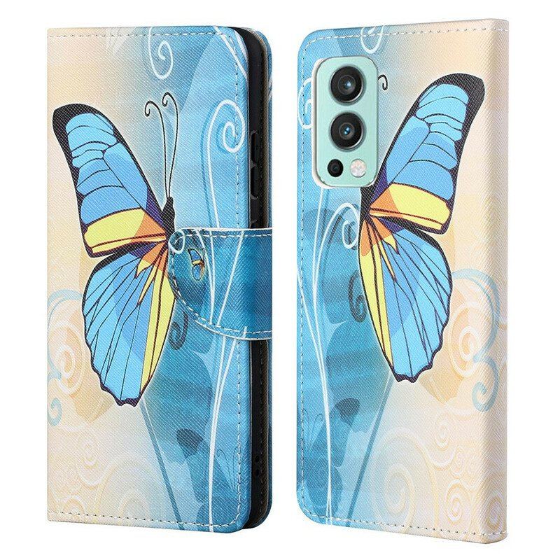 Etui Folio do OnePlus Nord 2 5G Niebieski I Żółty Motyl
