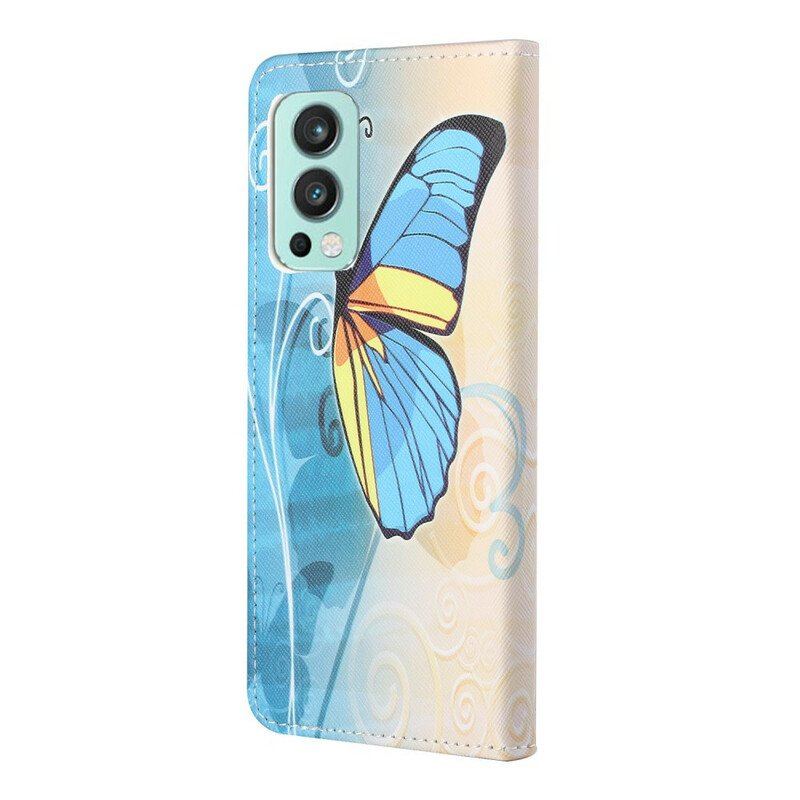 Etui Folio do OnePlus Nord 2 5G Niebieski I Żółty Motyl