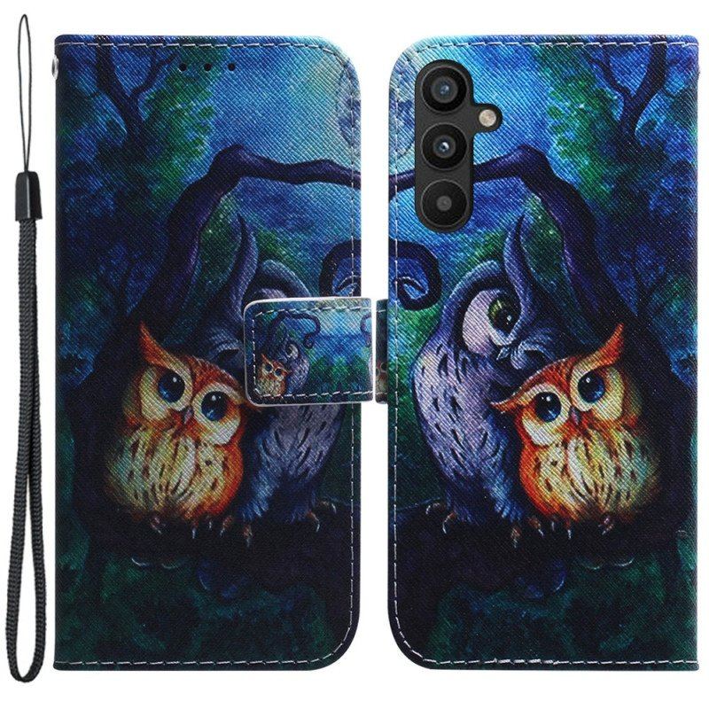 Etui Folio do Samsung Galaxy A54 5G z Łańcuch Malowanie Sów W Paski