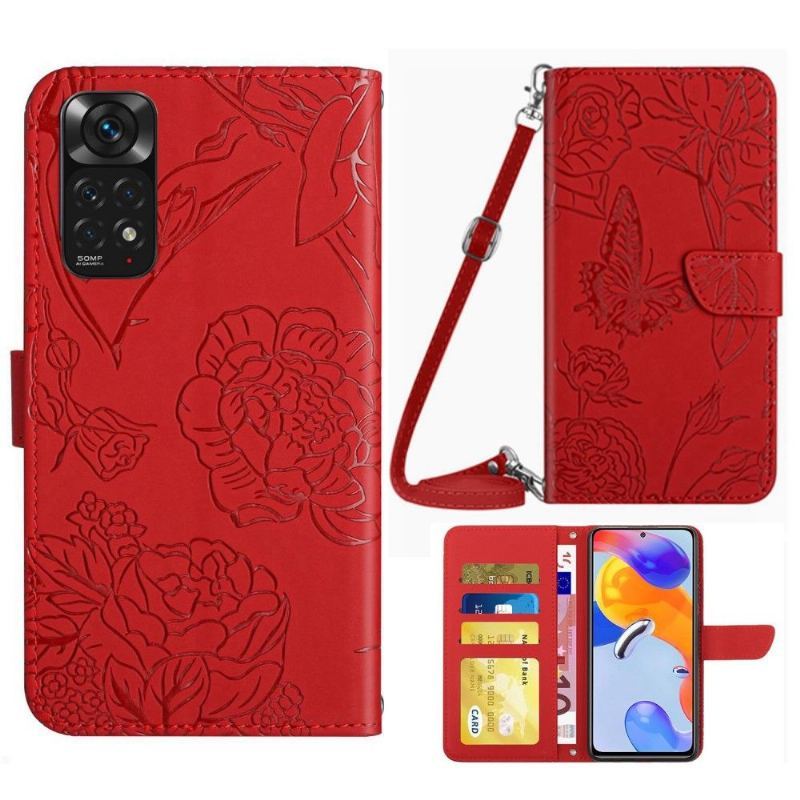 Etui Folio do Xiaomi Redmi Note 11 / Note 11S Ilustracja Motyl I Kwiaty Pasek