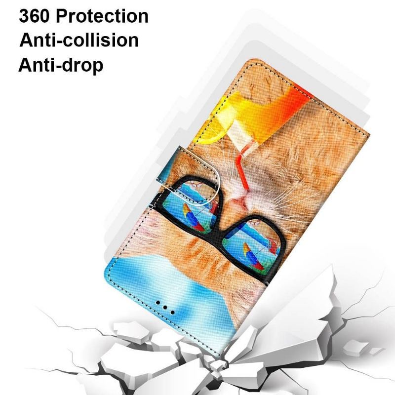 Skórzany Futerał do Xiaomi Redmi Note 11 / Note 11S Anti-fall Okulary Kot
