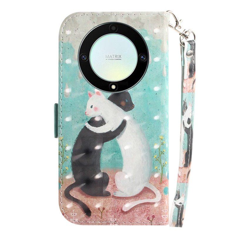 Etui Folio do Honor Magic 5 Lite z Łańcuch Biały Kot Czarny Kot Z Paskiem